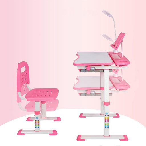 Podešeni stol za pisanje i stolica za djecu s LED lampom i skladištem - Roza