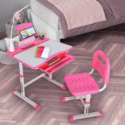 Podešeni stol za pisanje i stolica za djecu s LED lampom i skladištem - Roza
