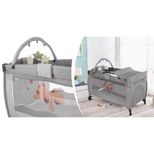 Prijenosni putni krevetić s podlogom za presvlačenje i igračkom lukom za bebe 0-36 mjeseci, siva