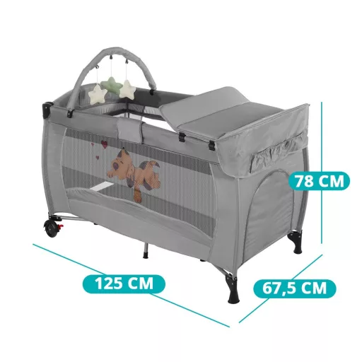Prijenosni putni krevetić s podlogom za presvlačenje i igračkom lukom za bebe 0-36 mjeseci, siva