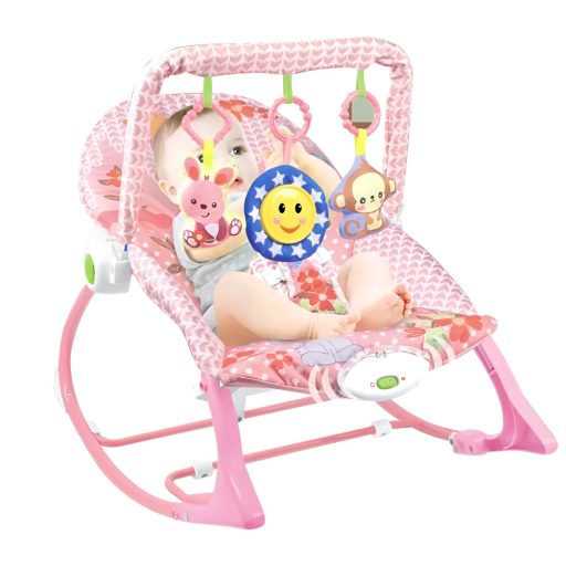 Vibrirajuća glazbena stolica za ljuljanje za bebe s podesivim naslonom i igračkom - do 18 kg, ružičasta