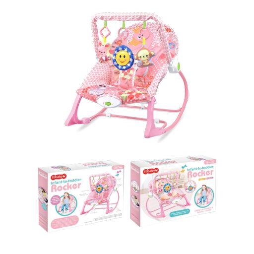 Vibrirajuća glazbena stolica za ljuljanje za bebe s podesivim naslonom i igračkom - do 18 kg, ružičasta