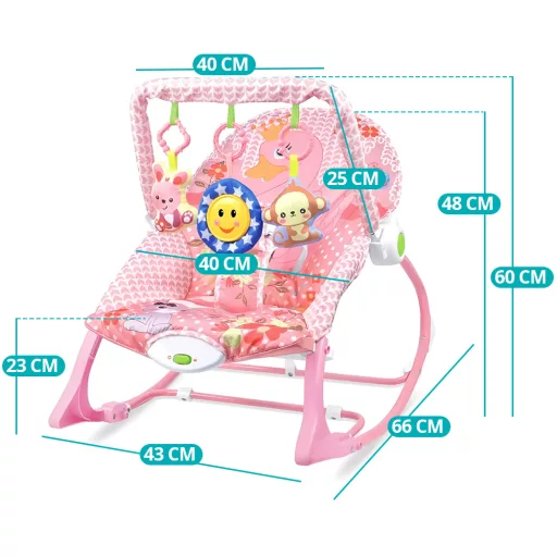 Vibrirajuća glazbena stolica za ljuljanje za bebe s podesivim naslonom i igračkom - do 18 kg, ružičasta